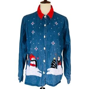 Vtg Tantrums Christmas Snowman Embroidered Button Front Denim Shirt Sz XXL